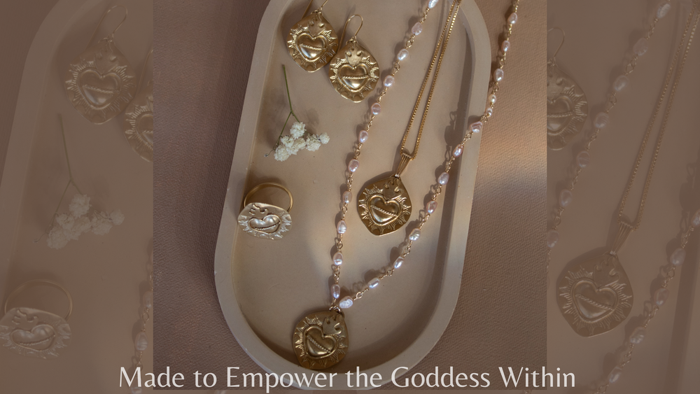 Gold Toned Sacred Heart Necklaces, Rings, and Earrings. Goddess Jewelry