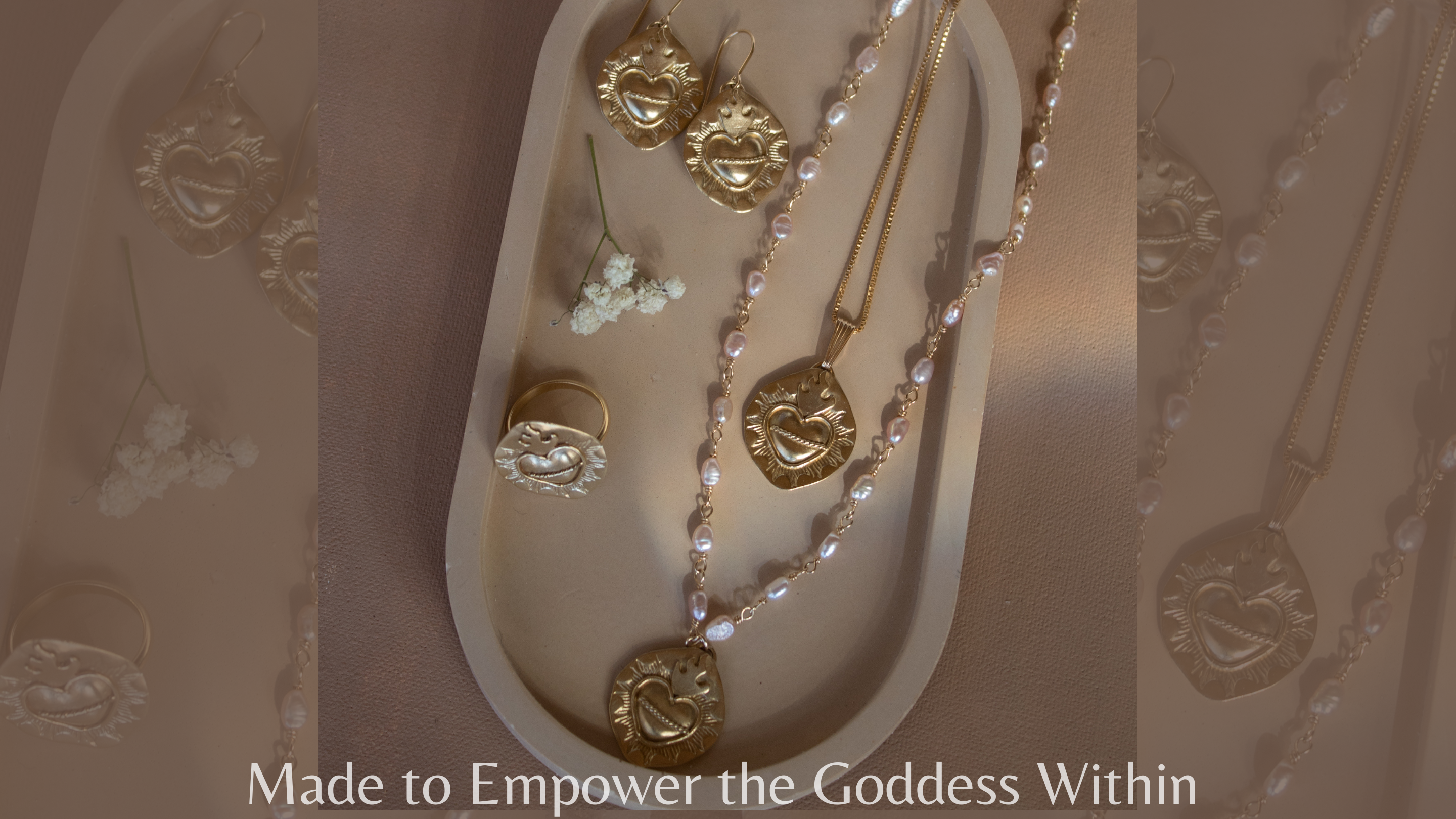 Gold Toned Sacred Heart Necklaces, Rings, and Earrings. Goddess Jewelry