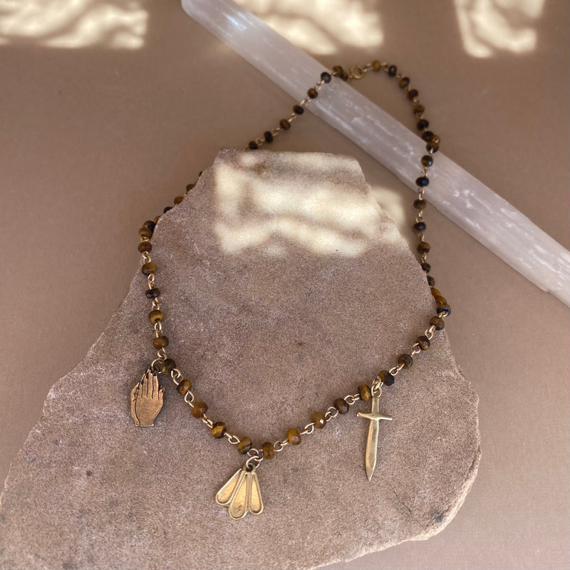 Tigers Eye Praying Hands Charm Necklace